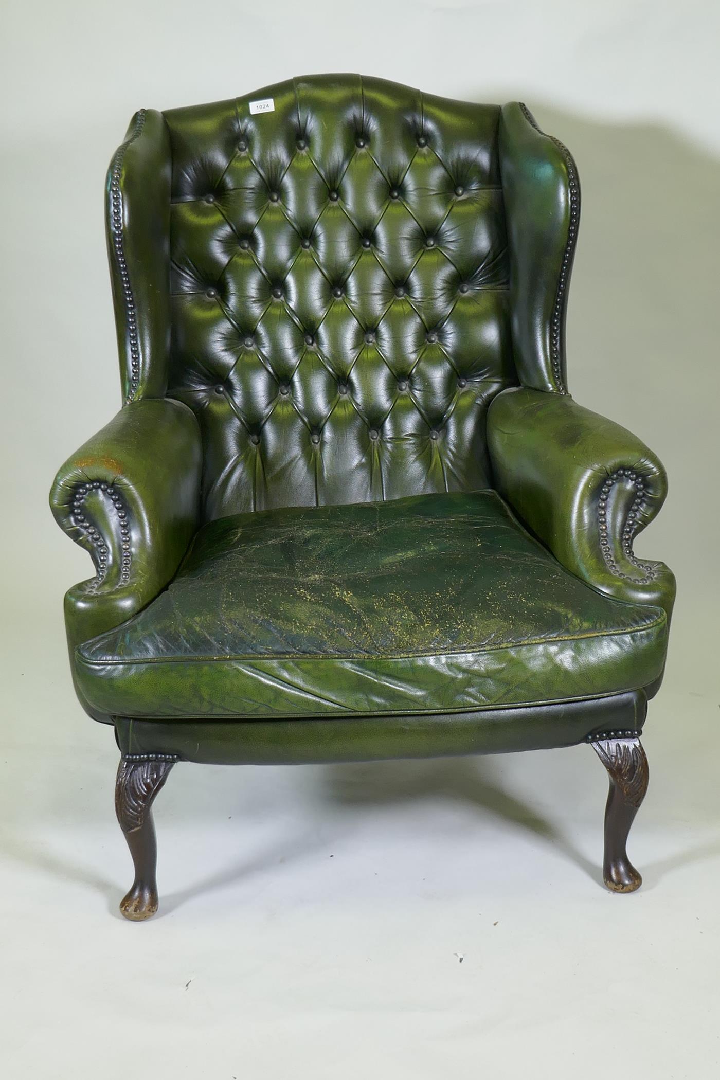 A green leather buttoned wingback armchair - Image 2 of 2