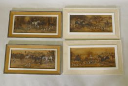A set of four hunting scenes, ink and watercolour on board, early/mid C20th, unsigned, 25 x 47cm