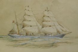 J.E. Cooper, Inverneill, a three masted steel hull barque, watercolour, signed, 25 x 16cm