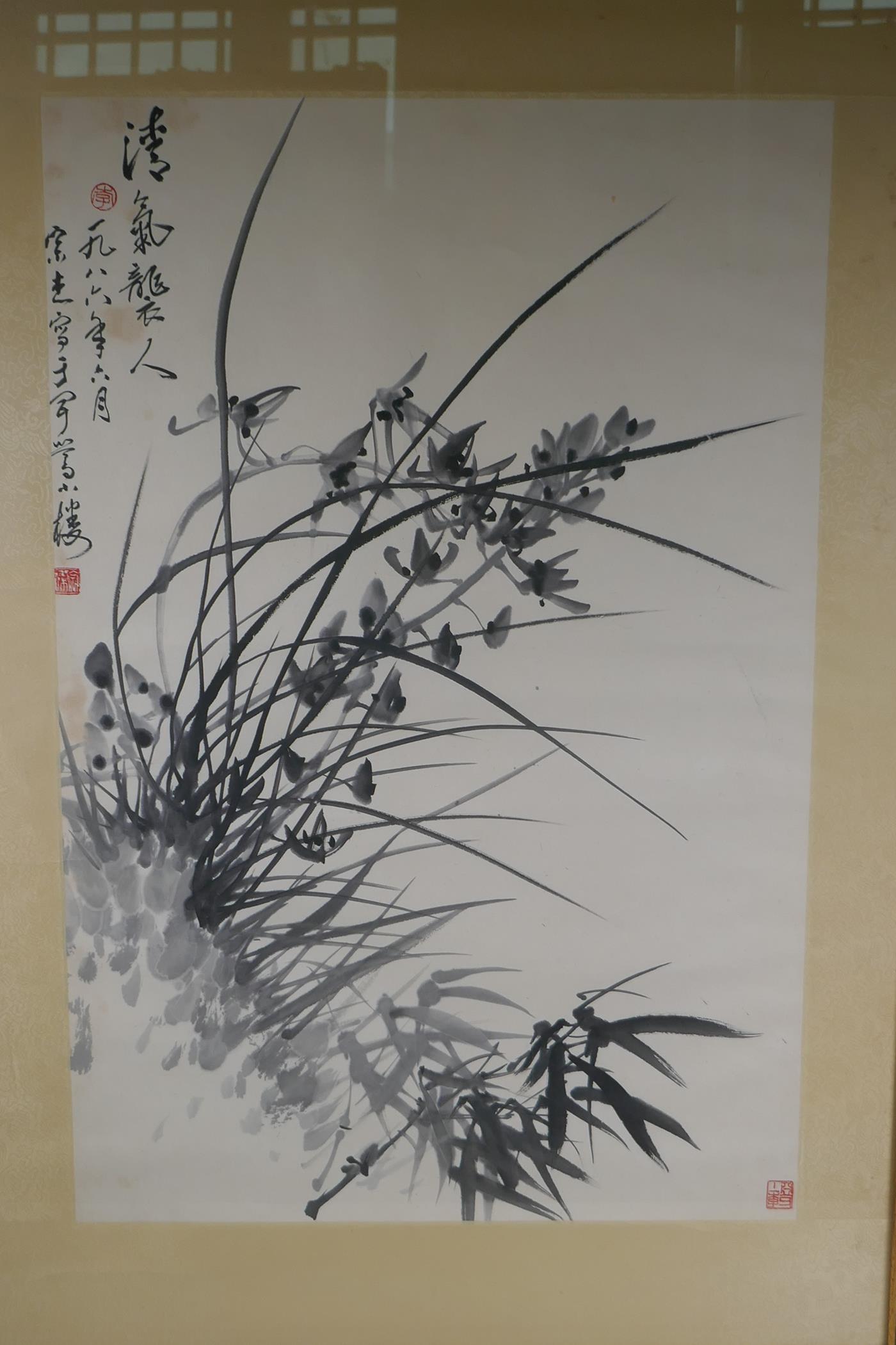 A Chinese monochrome watercolour of orchids and bamboo, signed, early C20th, 44 x 67cm - Image 2 of 6