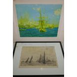 Frank Brangwyn, signed print, shipping off Constantinople, with blind stamp, together with a William