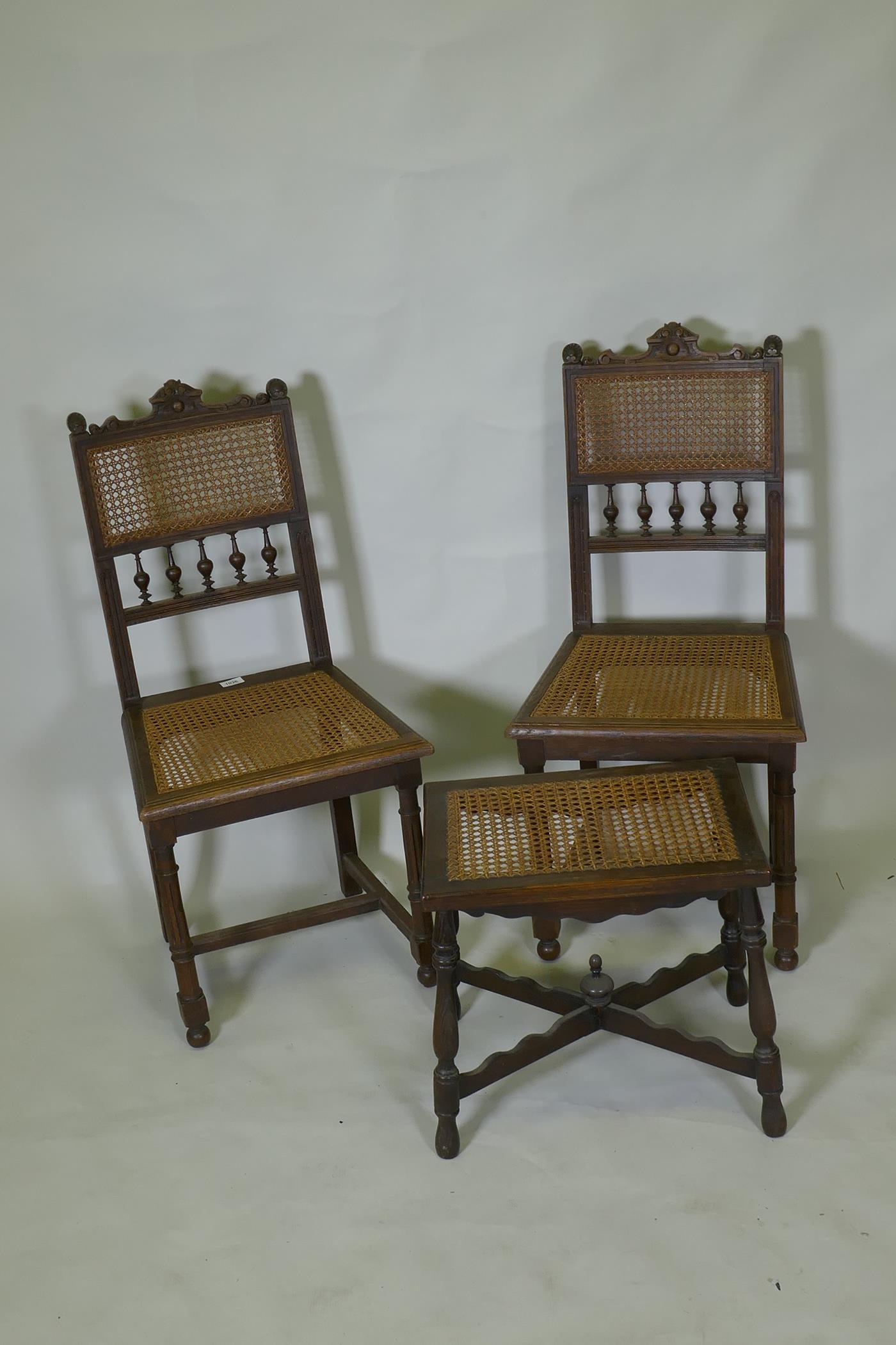 A pair of C19th French oak side chairs with cane seats and backs, and a stool - Image 2 of 3