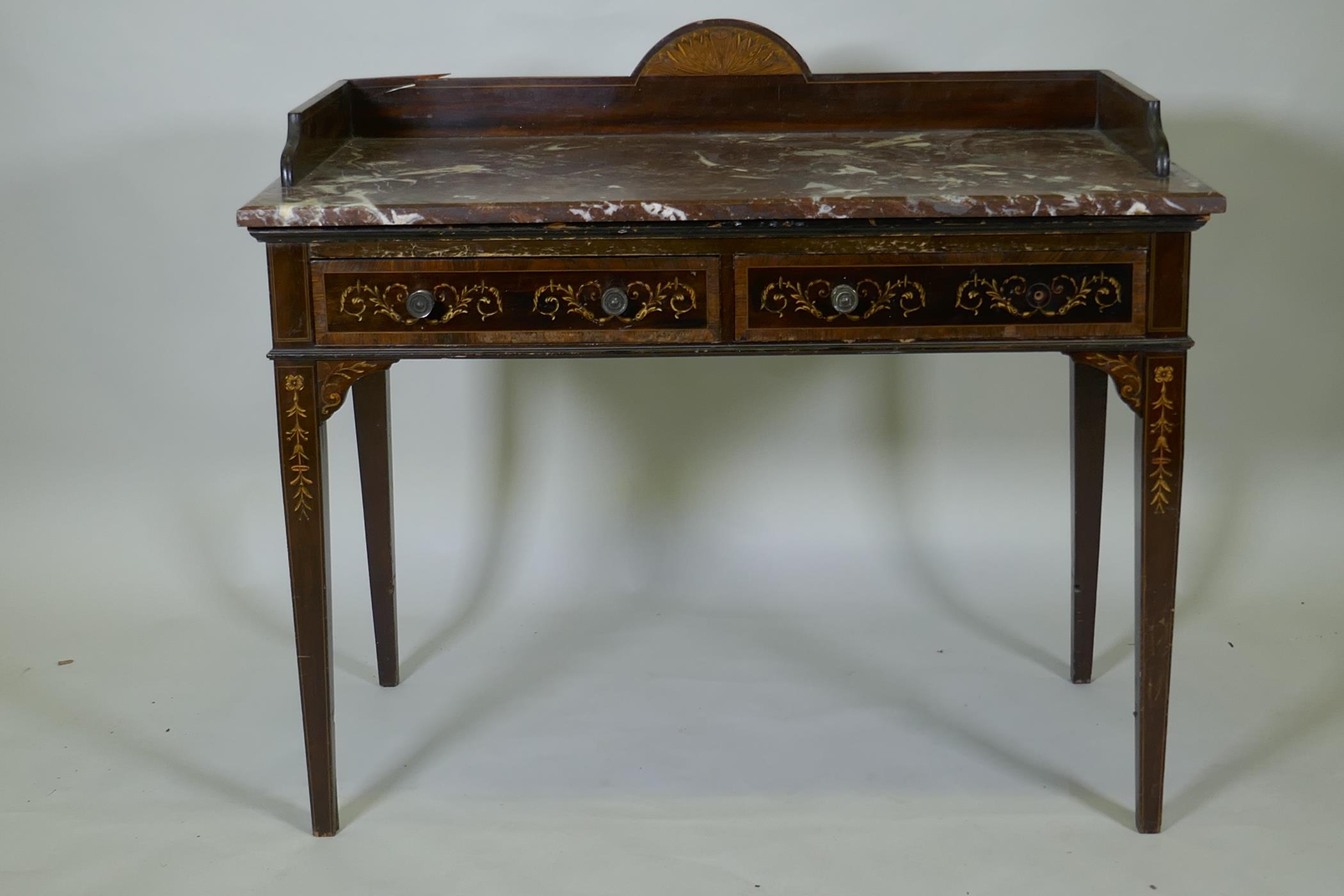 A Victorian inlaid mahogany washstand with rouge marble top and three quarter gallery and two - Image 2 of 7