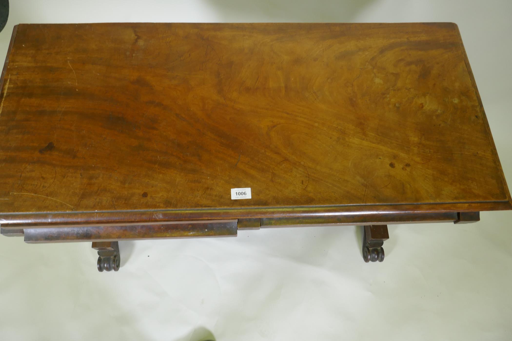 C19th mahogany writing table with two moulded frieze drawers, raised on end supports united by a - Image 3 of 3