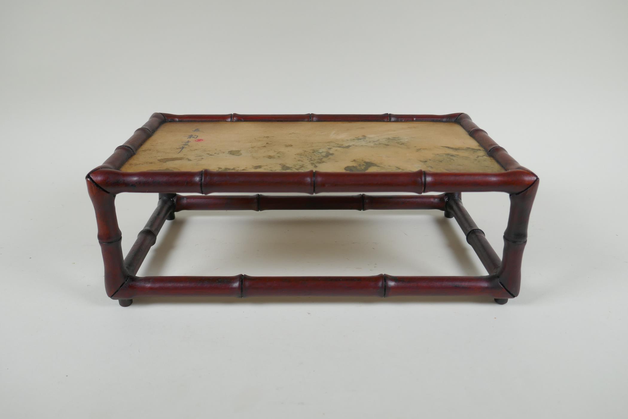 A Chinese carved hardwood stand in the form of bamboo with inset marbled stone top, 30 x 17cm, - Image 2 of 3