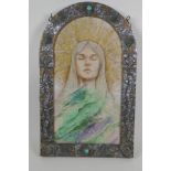 A mixed media portrait of an angelic woman, on textured paper, in an Arts & Crafts metal frame, 20 x