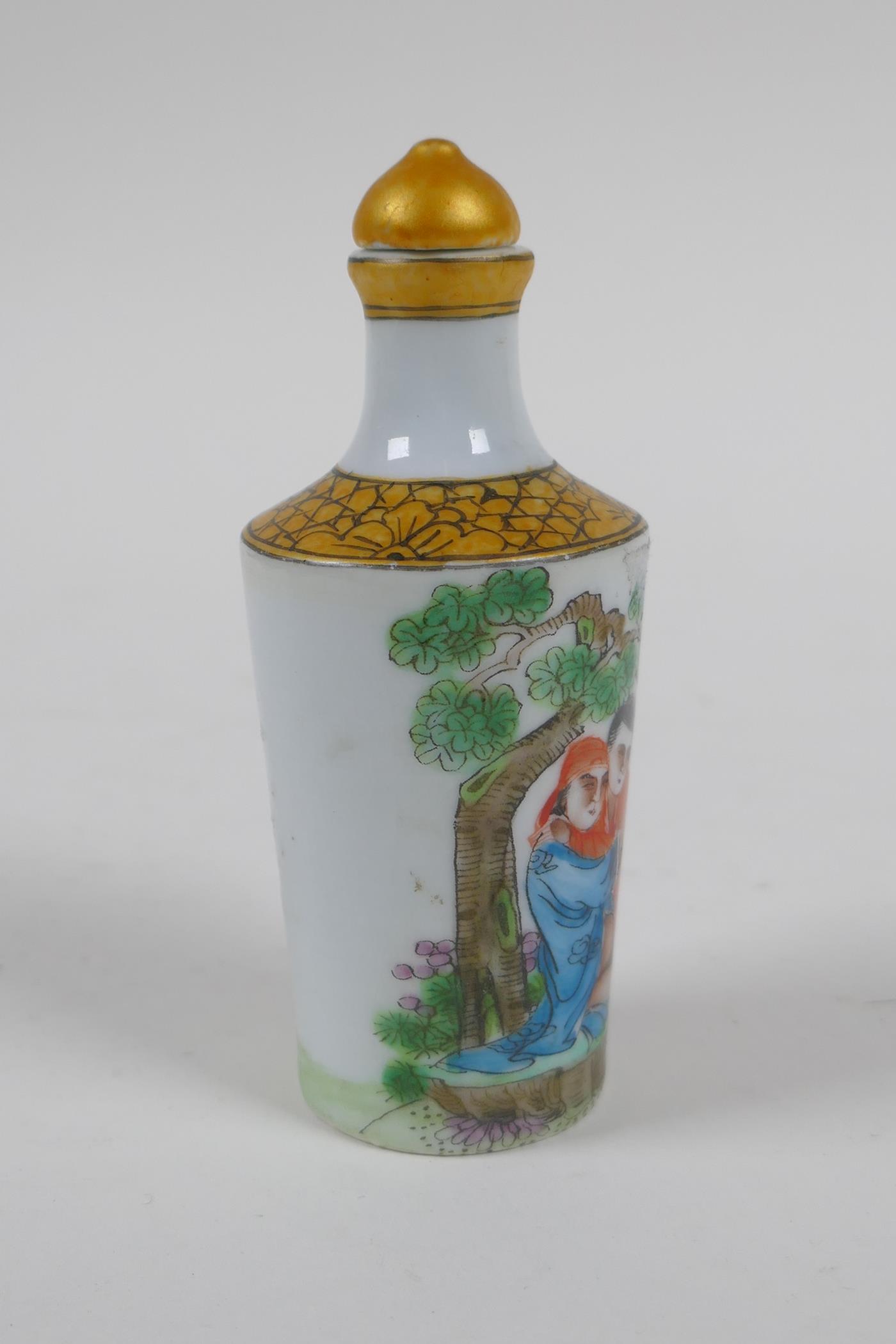 A Chinese polychrome porcelain snuff bottle, decorated with an erotic scene, 3 character mark to - Image 3 of 4