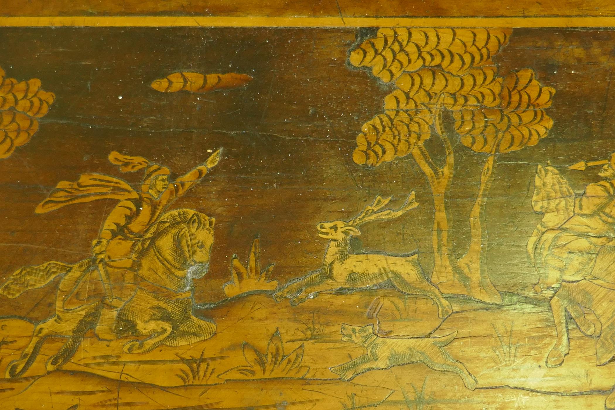 C18th/C19th Italian/Swiss marquetry inlaid walnut chest of three drawers, inlaid with hunting - Image 8 of 10