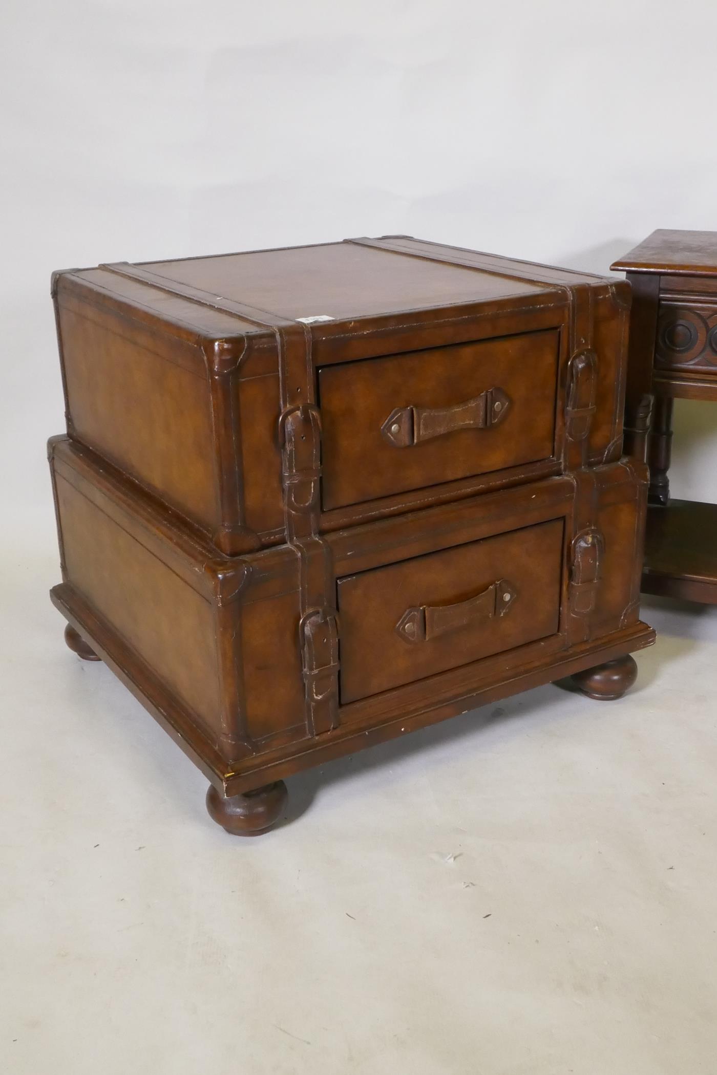 A leather two drawer chest in the form of suitcases, and an oak single drawer side table, 64 x 59cm, - Image 2 of 5