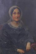 A portrait of a woman in black with lace bonnet, oil on canvas, unsigned, 71 x 92cm