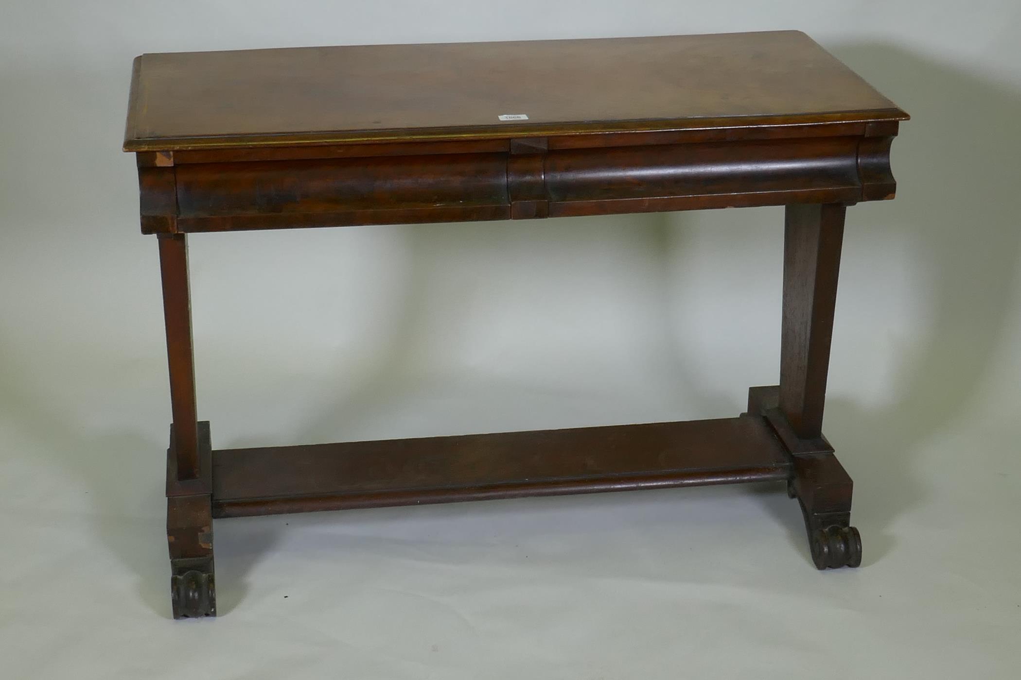 C19th mahogany writing table with two moulded frieze drawers, raised on end supports united by a - Image 2 of 3