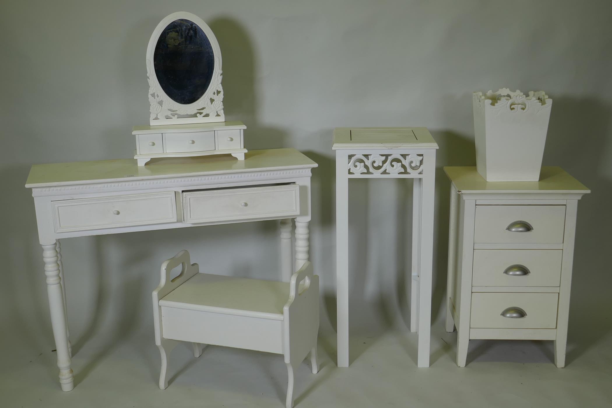 A painted two drawer side/dressing table, toilet mirror, jardiniere stand and bin, 94 x 32 x 73cm