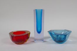 A 1960s Murano Sommerso glass vase and two Sommerso faceted glass ash trays, unmarked, largest