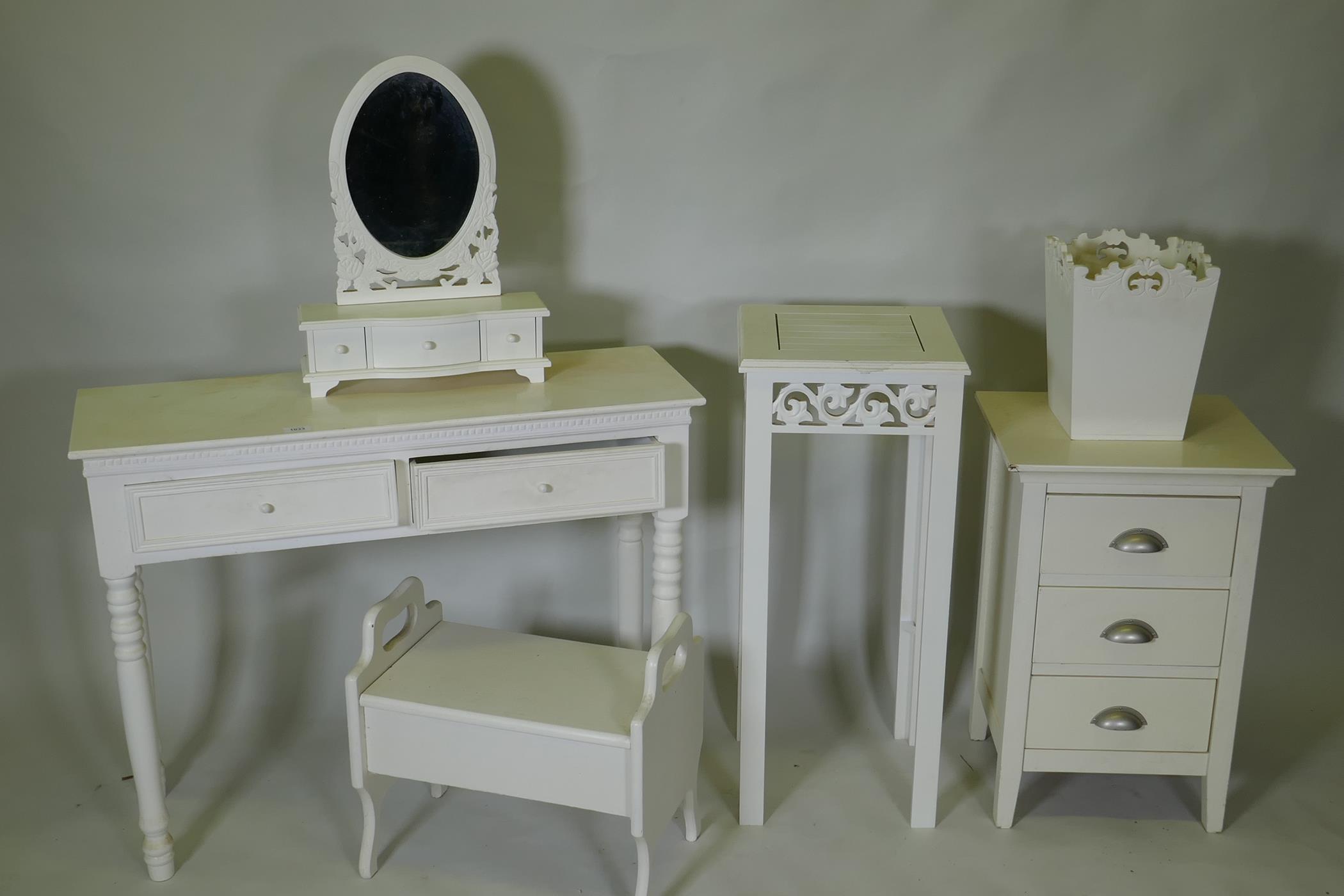 A painted two drawer side/dressing table, toilet mirror, jardiniere stand and bin, 94 x 32 x 73cm - Image 2 of 2