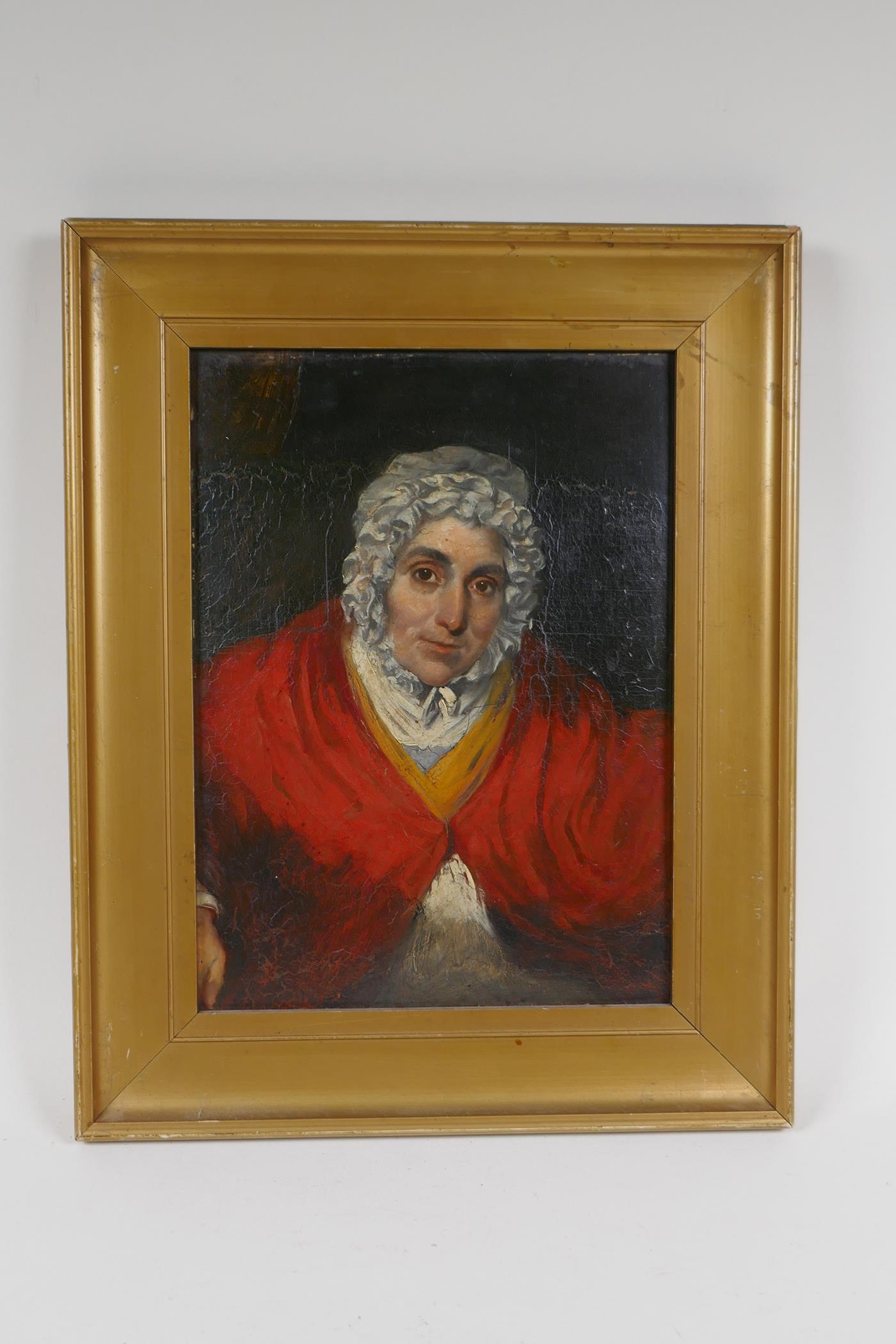 An antique portrait of an old lady in a red shawl, oil on millboard, 21 x 28cm - Image 2 of 3