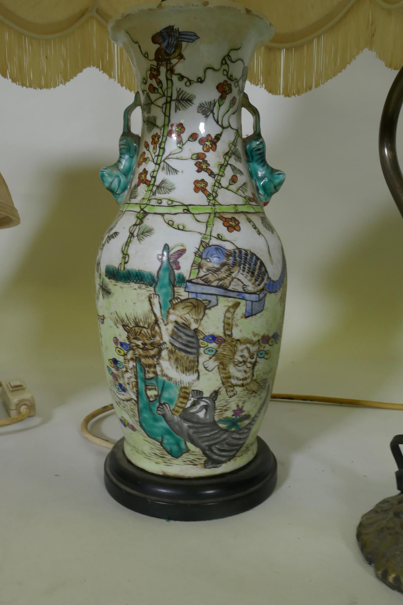 Two oriental porcelain table lamps, three brass Art Nouveau style with lamps Tiffany style shades, a - Image 2 of 5