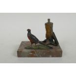 A cold painted bronze pheasant table lighter, 13cm long 10cm high