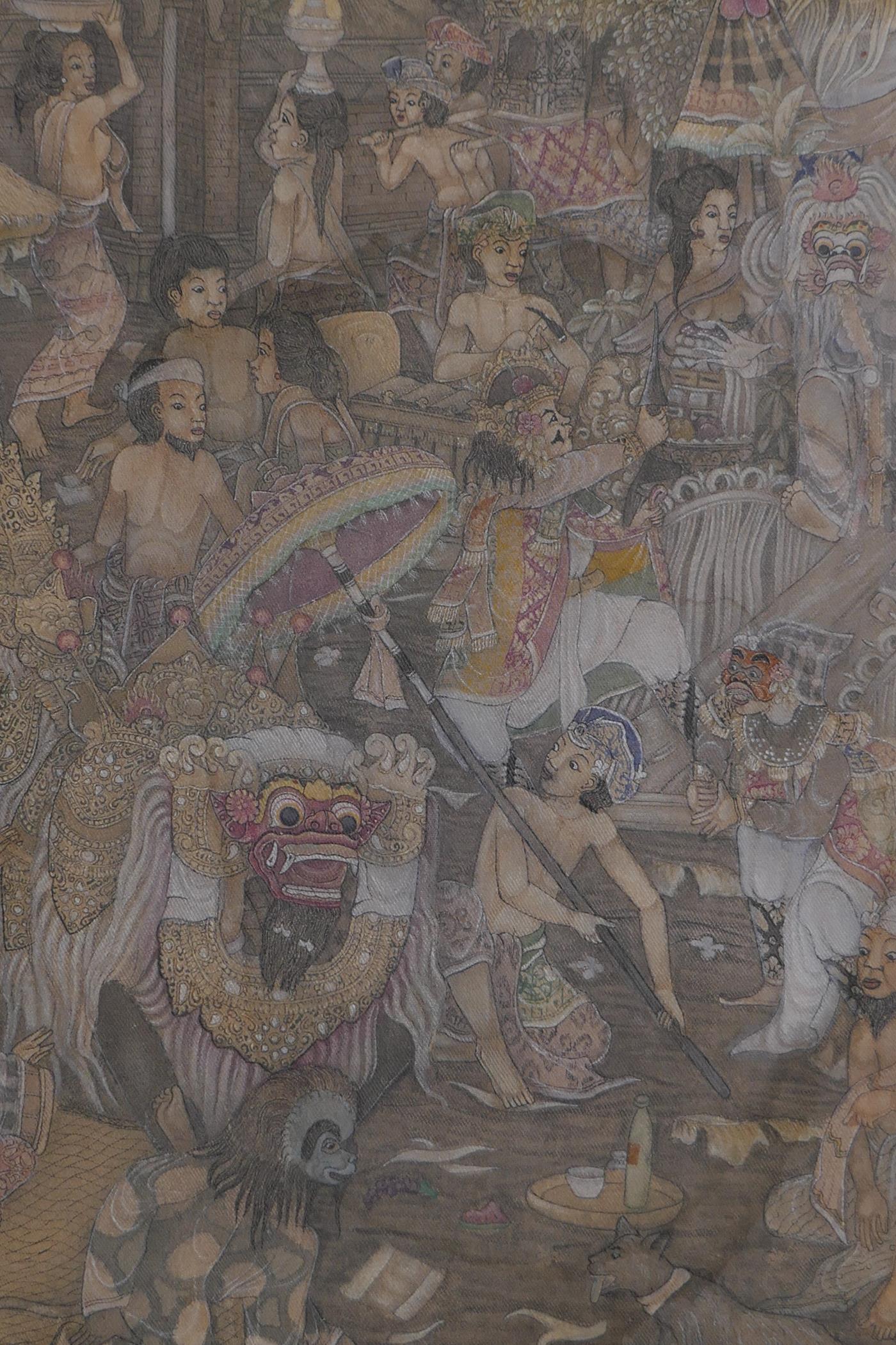 Balinese School, procession with dragon, indistinctly signed and inscribed Kutuh Ubud, Bali, ink and