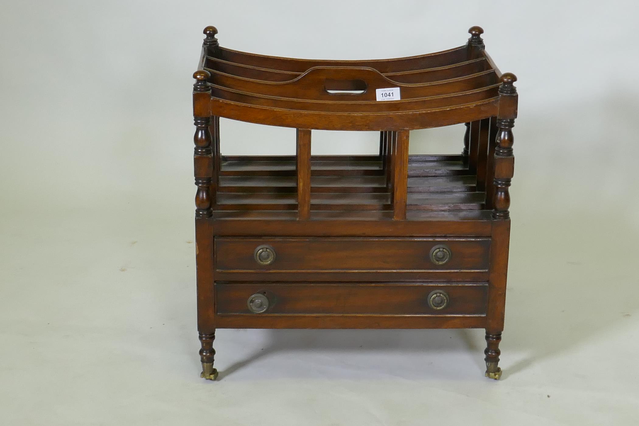 A C19th mahogany canterbury with two drawers, raised on turned supports with brass castors, 49 x - Image 2 of 2