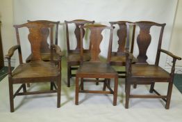 A set of six (4+2) provincial elm Chippendale style dining chairs with pegged joints and