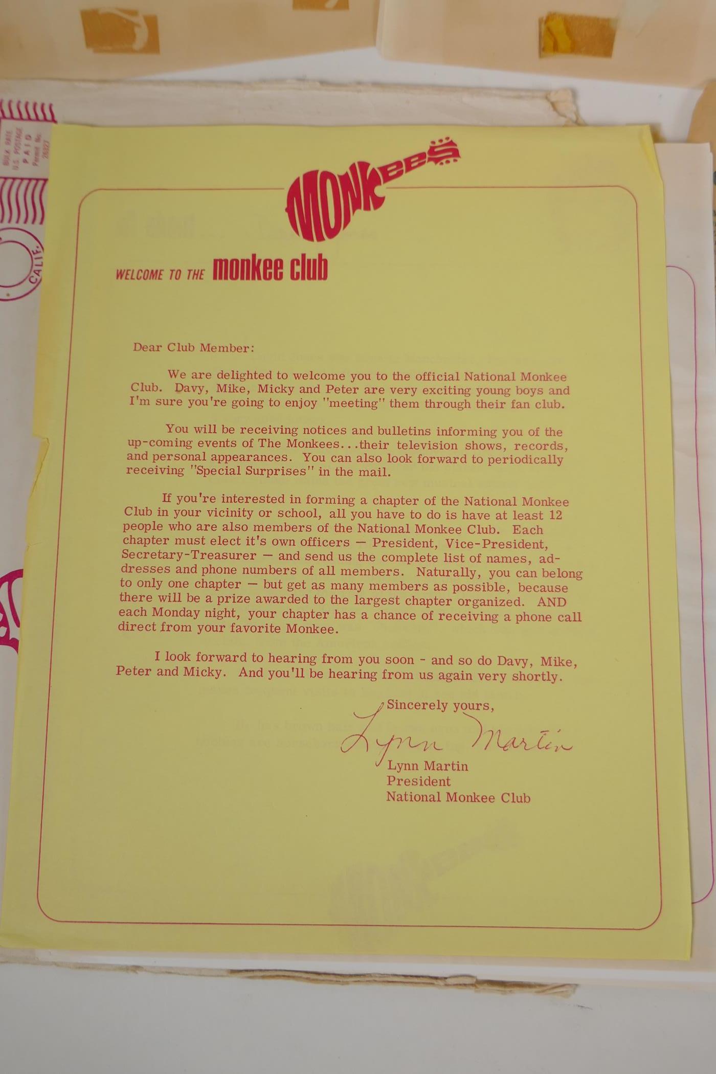 A quantity of Monkees memorabilia to include fan club correspondence, flyers, newspaper cuttings, - Image 8 of 9