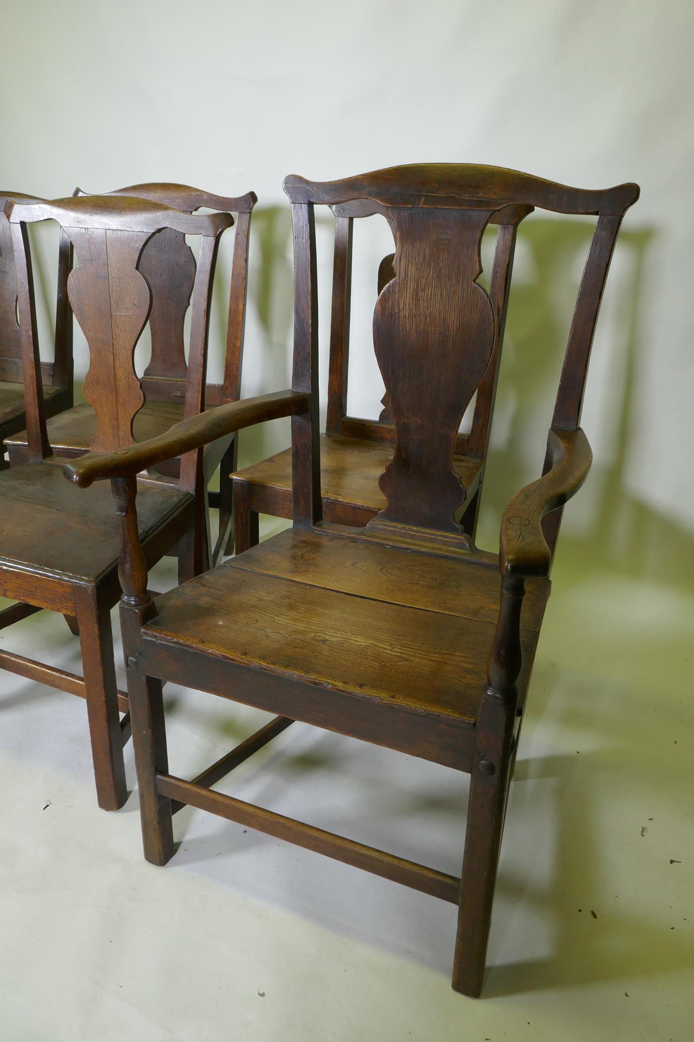 A set of six (4+2) provincial elm Chippendale style dining chairs with pegged joints and - Image 4 of 5