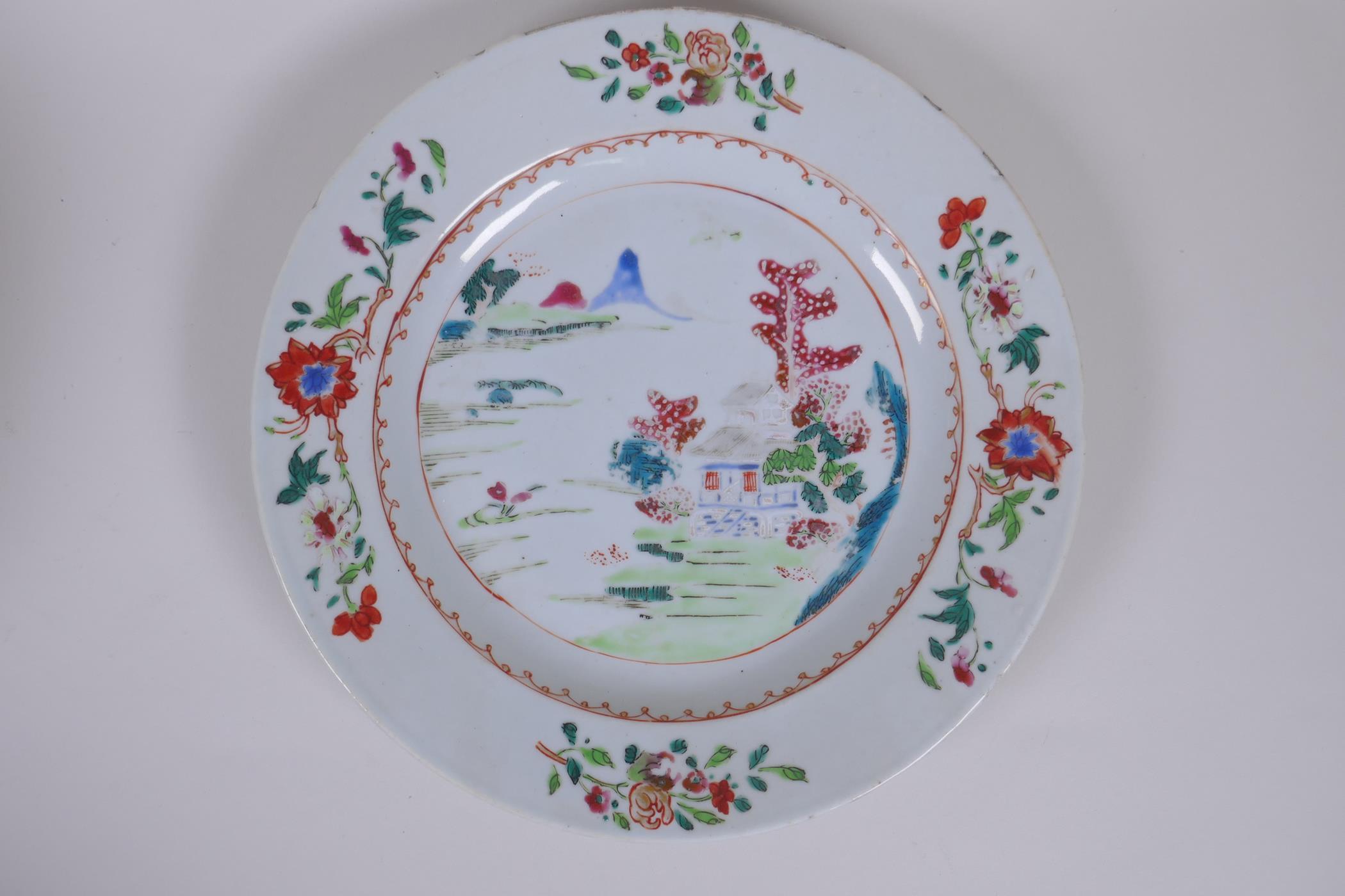 An C18th/C19th Chinese famille rose enamelled porcelain cabinet plate with riverside landscape - Image 2 of 9