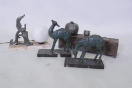 An Indian wood and metal mounted candle box, white metal pot and cover, a pair of bronzed metal