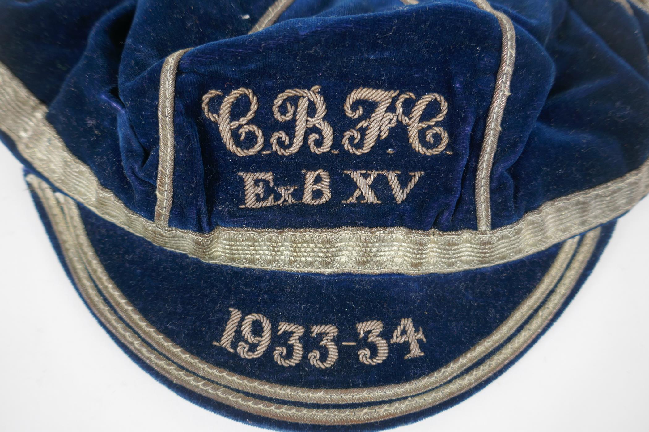 A pre WWII Rugby Union blue velvet cap for the 1933-34 season, with silver embroidered club initials - Image 2 of 3