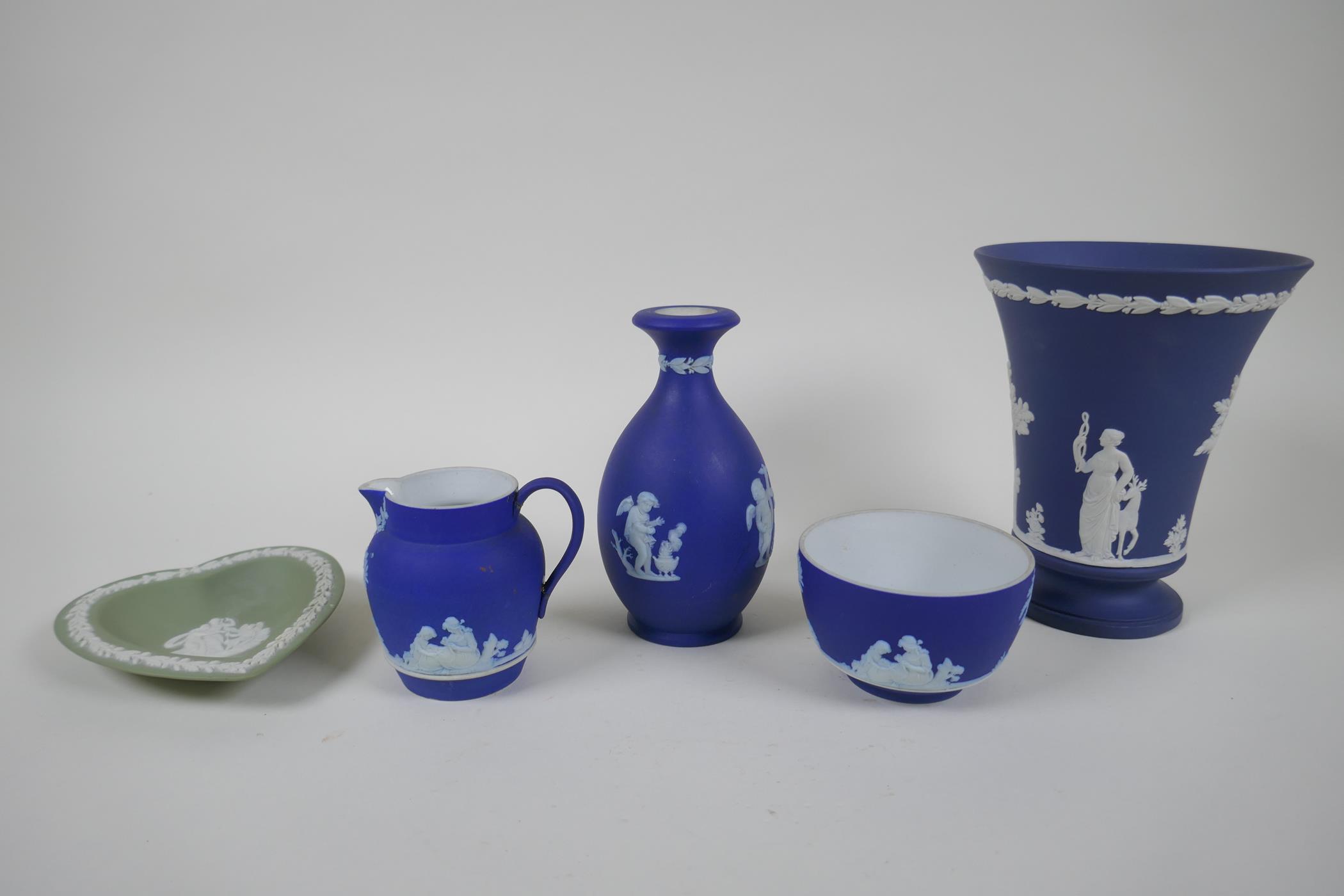 A collection of Antique Wedgwood Jasperware including a teapot, jugs, saucers, vases etc, AF, teapot - Image 8 of 8