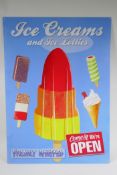 A vintage style metal ice cream and ice lolly sign, 50 x 70cm