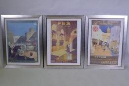 After Bertuchi, a framed reproduction Moroccan themed travel poster, Tetuan, and two other of Fes,