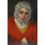 An antique portrait of an old lady in a red shawl, oil on millboard, 21 x 28cm