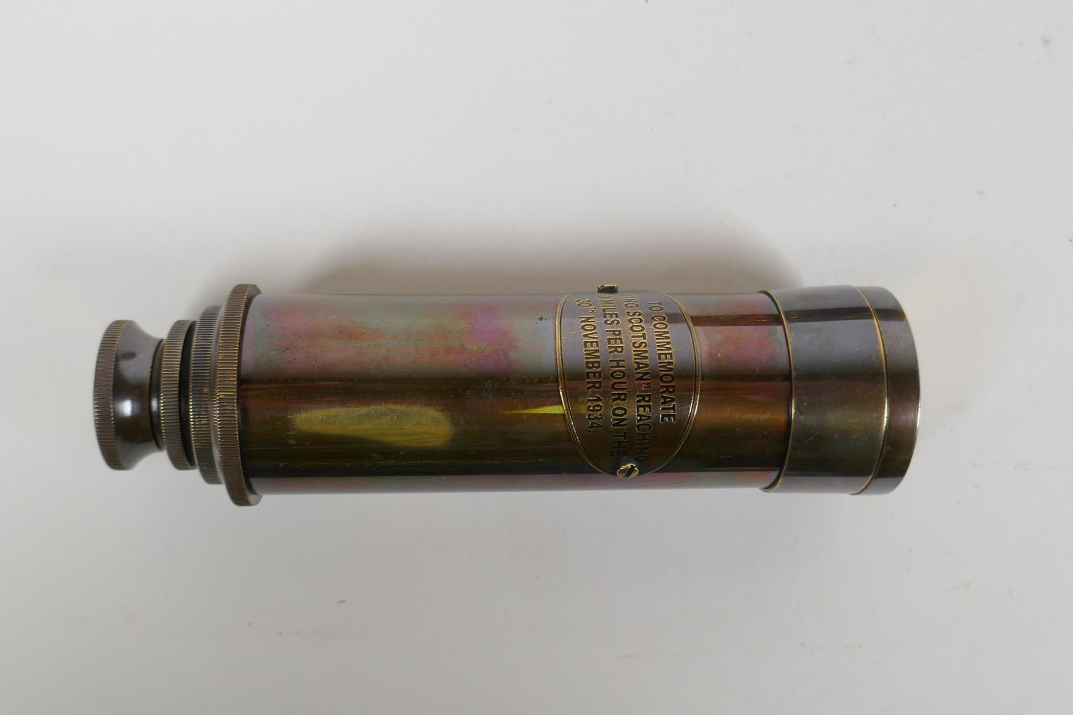 A reproduction commemorative brass four draw telescope for The Flying Scotsman reaching 100mph, 39cm - Image 2 of 5