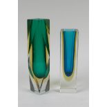 Two 1960s faceted Murano 'Sommerso' glass vases, unmarked, largest 22cm high