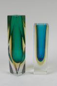 Two 1960s faceted Murano 'Sommerso' glass vases, unmarked, largest 22cm high