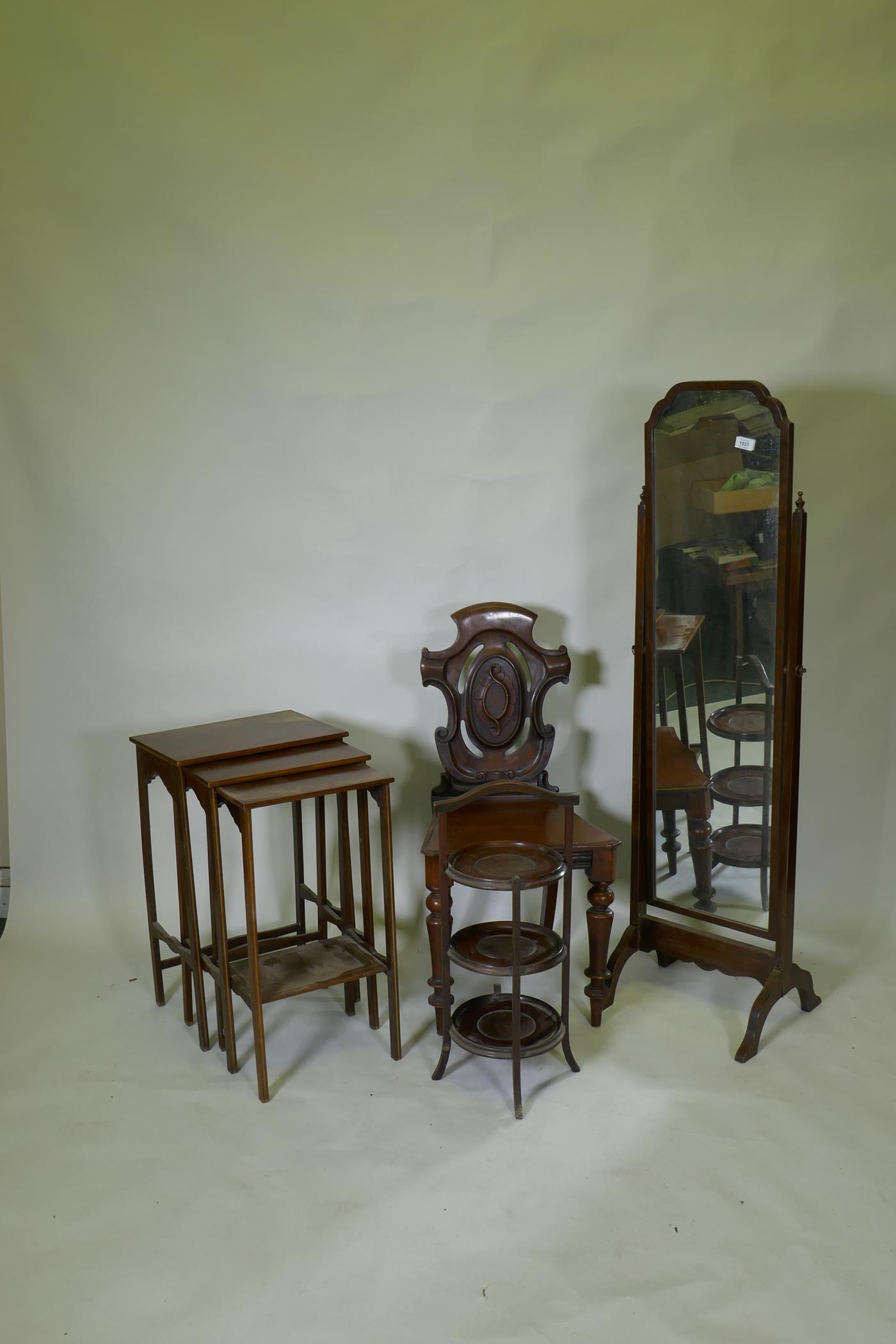 A cheval mirror, 142cm high, piano stool, cane stool etc