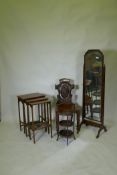 A cheval mirror, 142cm high, piano stool, cane stool etc