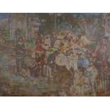 Figures at a street market, monogrammed, housed in a good water gilt frame, Impressionist style