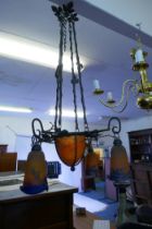 An early C20th French Muller Freres Luneville painted wrought iron and glass chandelier, 1 shade