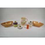 Six assorted pieces of Ashtead Pottery to include a jug, (J16), two sugar pots and covers, (X13),