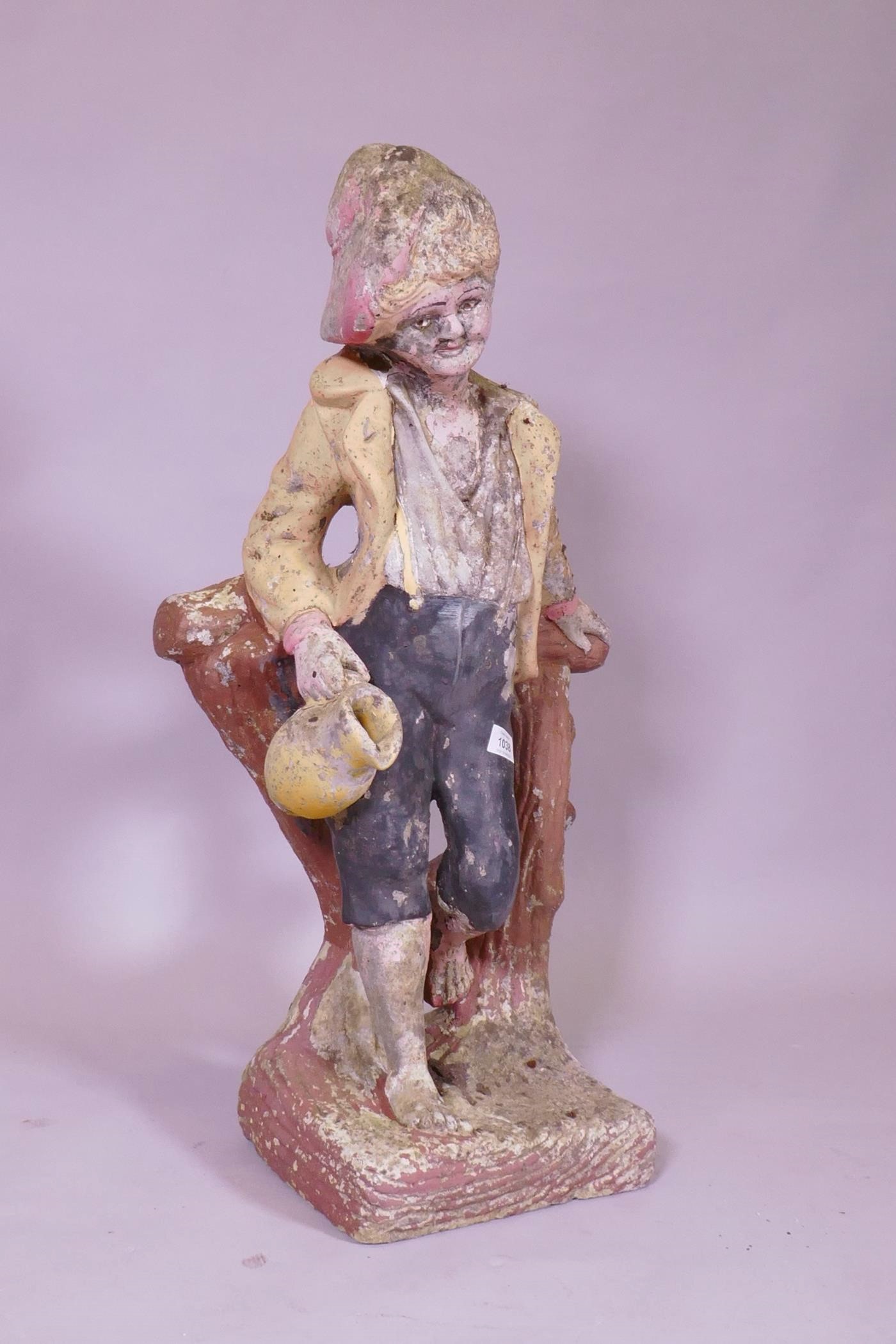 A painted concrete garden figure of a young boy leaning on a tree stump, 80cm high - Image 2 of 3