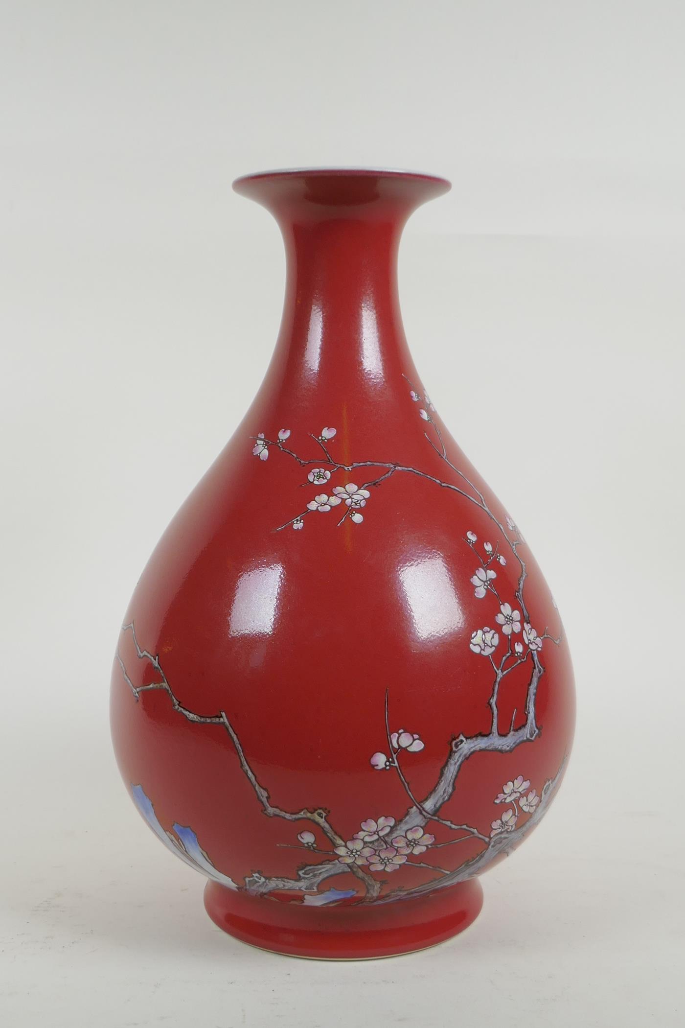 An C18th Chinese Yuhuchunping (pear shaped) porcelain vase, with enamel prunus blossom tree - Image 2 of 11