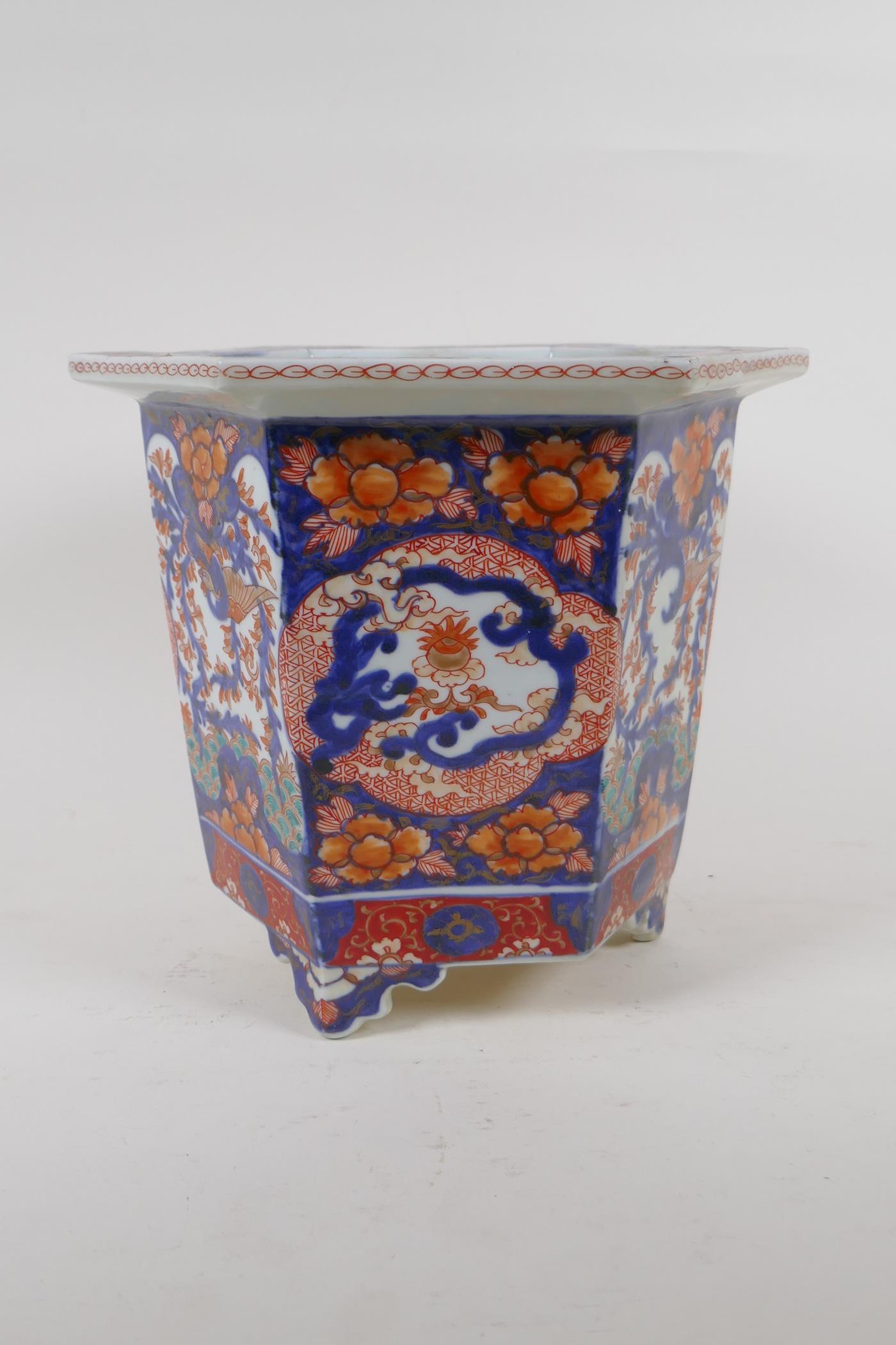 A C19th Chinese Imari porcelain planter of hexagonal form, with phoenix and floral decorative - Image 3 of 6