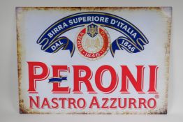 A vintage style metal 'Peroni' advertising sign, 70 x 50cm