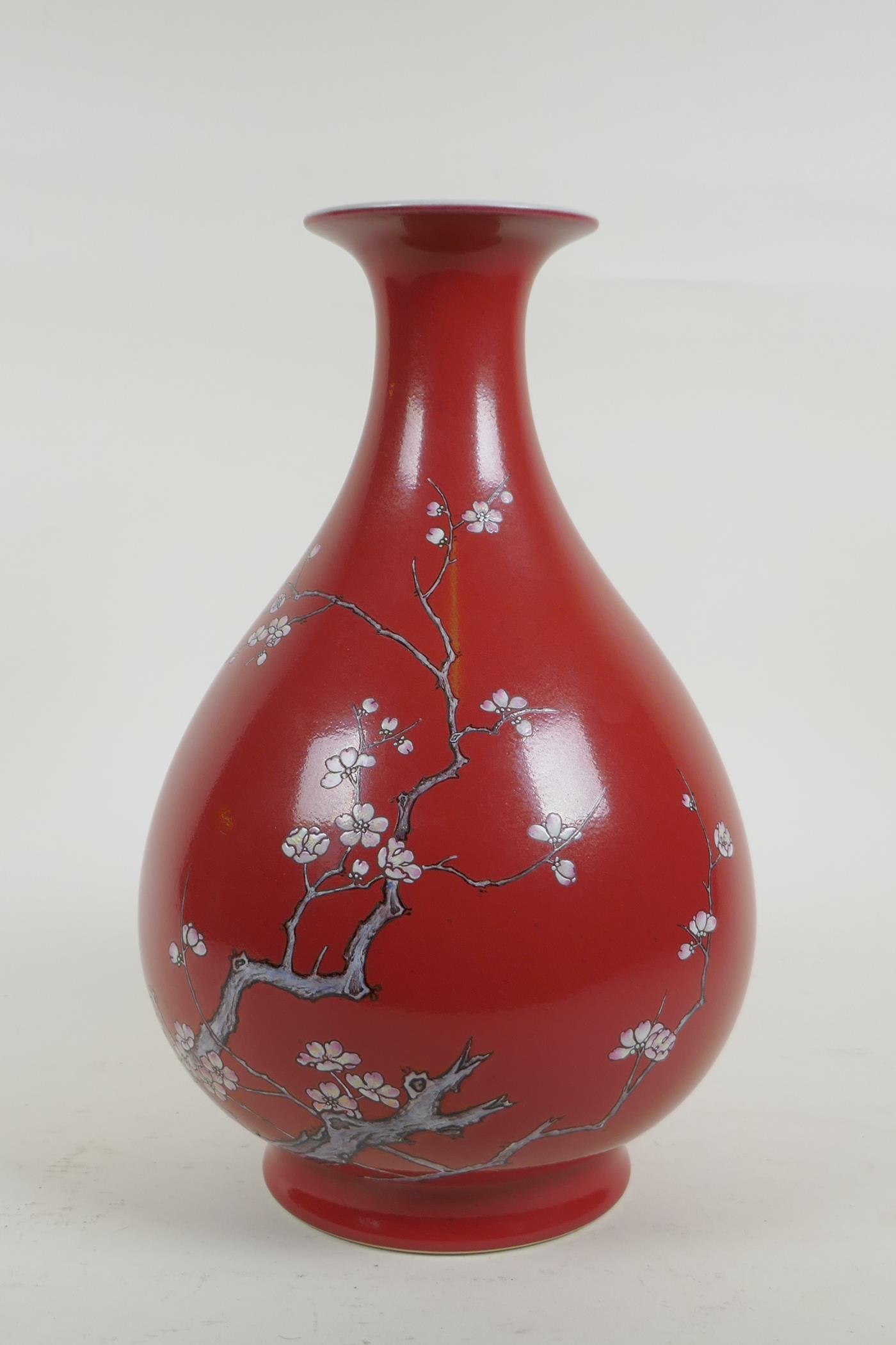 An C18th Chinese Yuhuchunping (pear shaped) porcelain vase, with enamel prunus blossom tree - Image 3 of 11