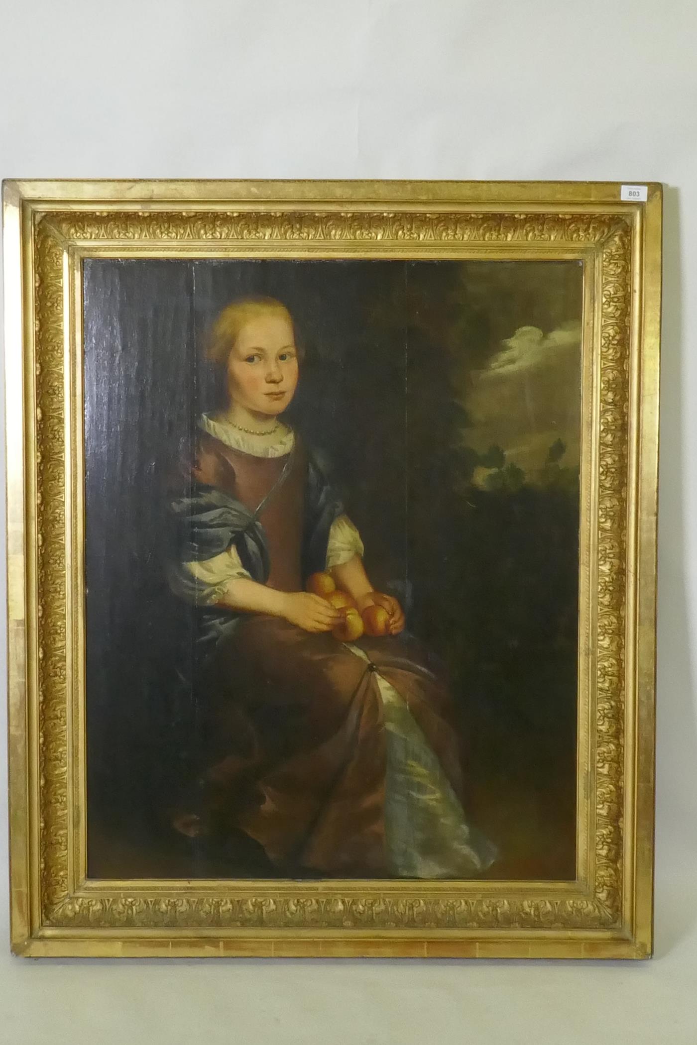 Portrait of a young girl holding peaches, possibly Dutch/Low Countries, C17th, unsigned, oil on - Image 2 of 7
