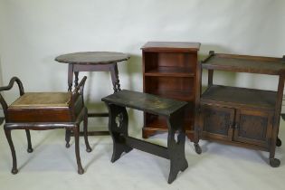 A vintage oak tea trolley, open bookcase, stool etc