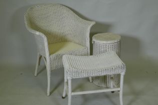 A Lloyd Loom chair, bin and stool