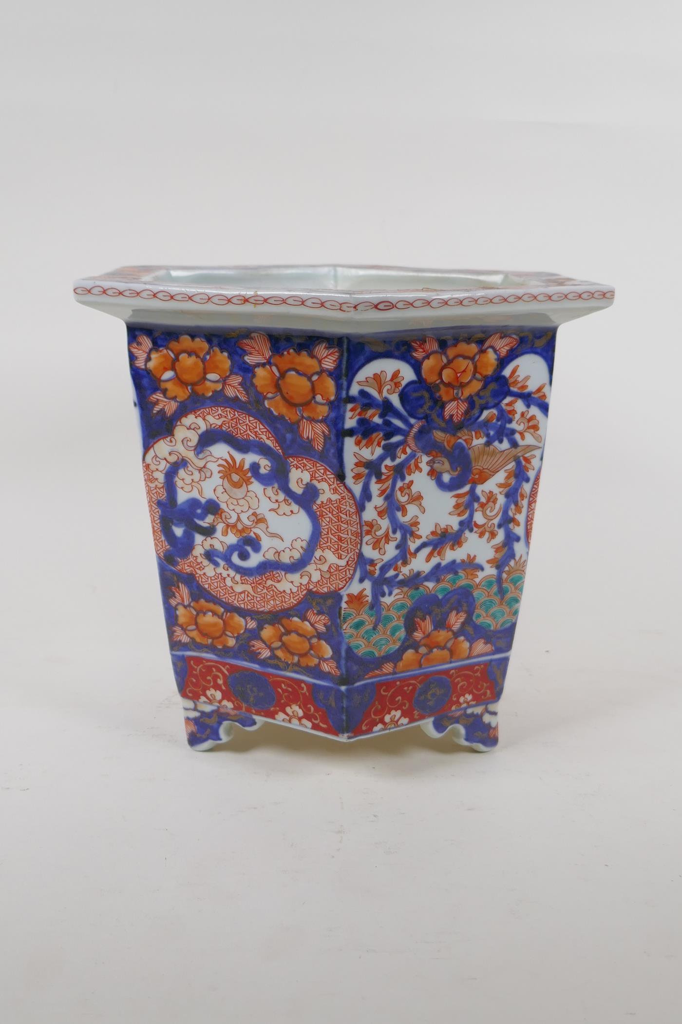 A C19th Chinese Imari porcelain planter of hexagonal form, with phoenix and floral decorative - Image 2 of 6